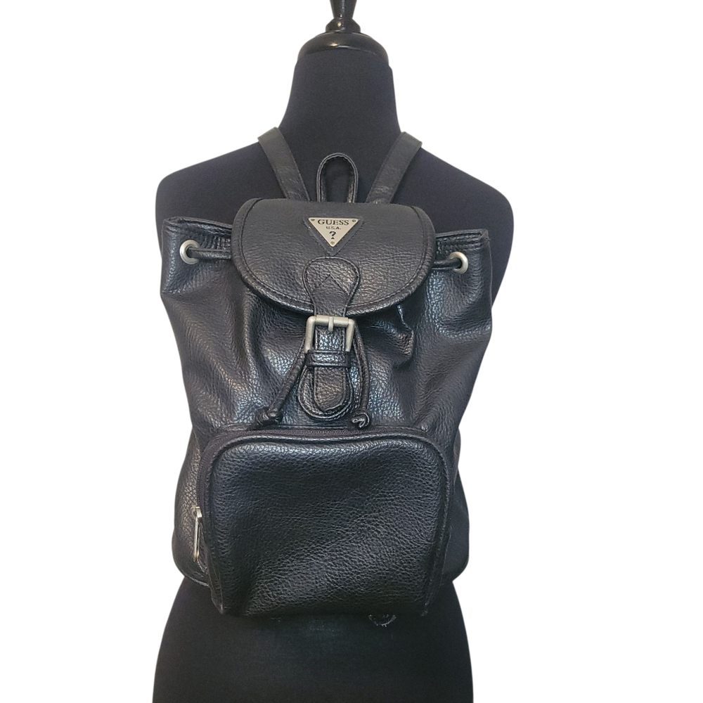 Vintage 1990s GUESS USA Black Pebble Leather Buckle Drawstring Backpack - Picture 1 of 10